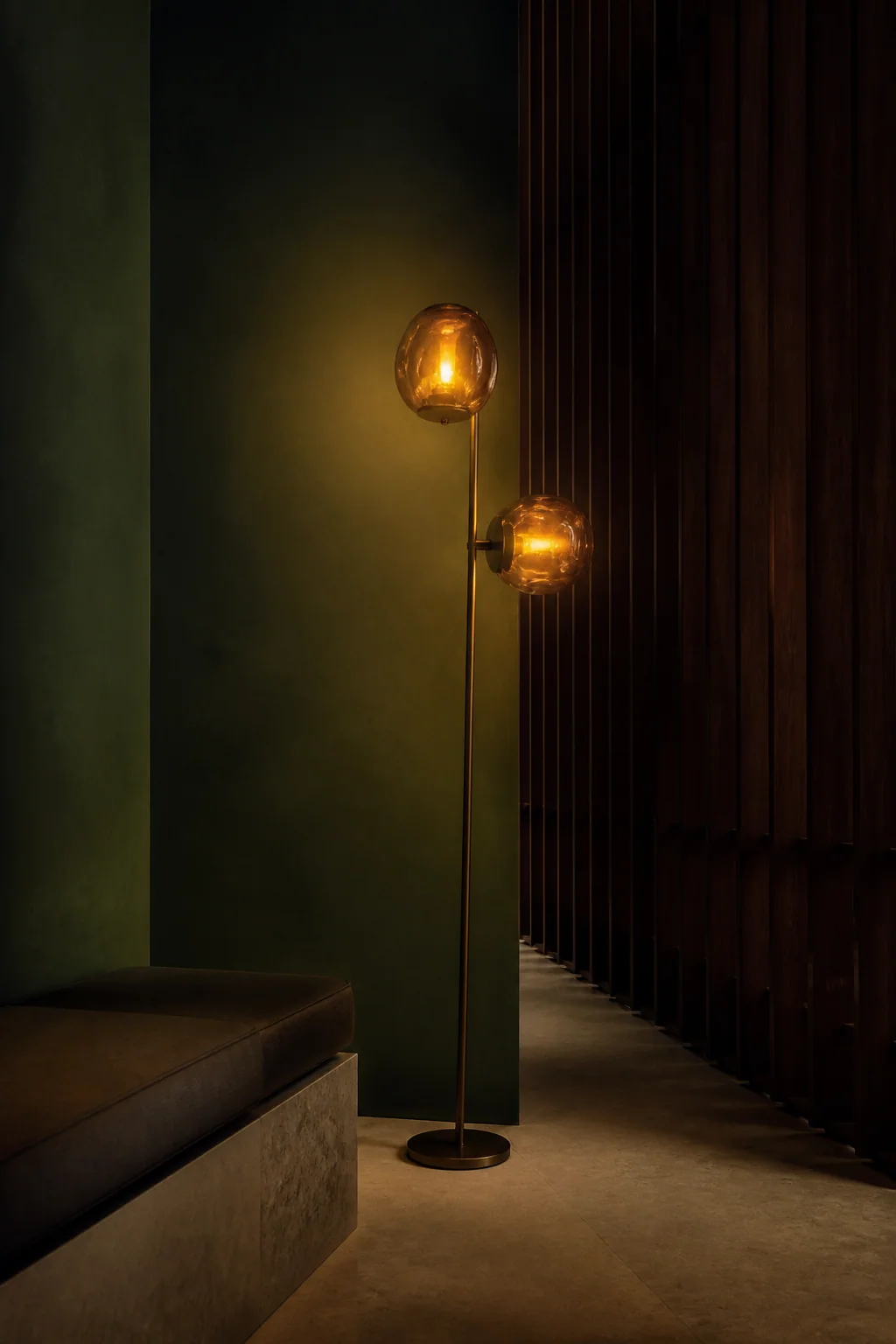 Aster hand-blown amber glass floor lamp