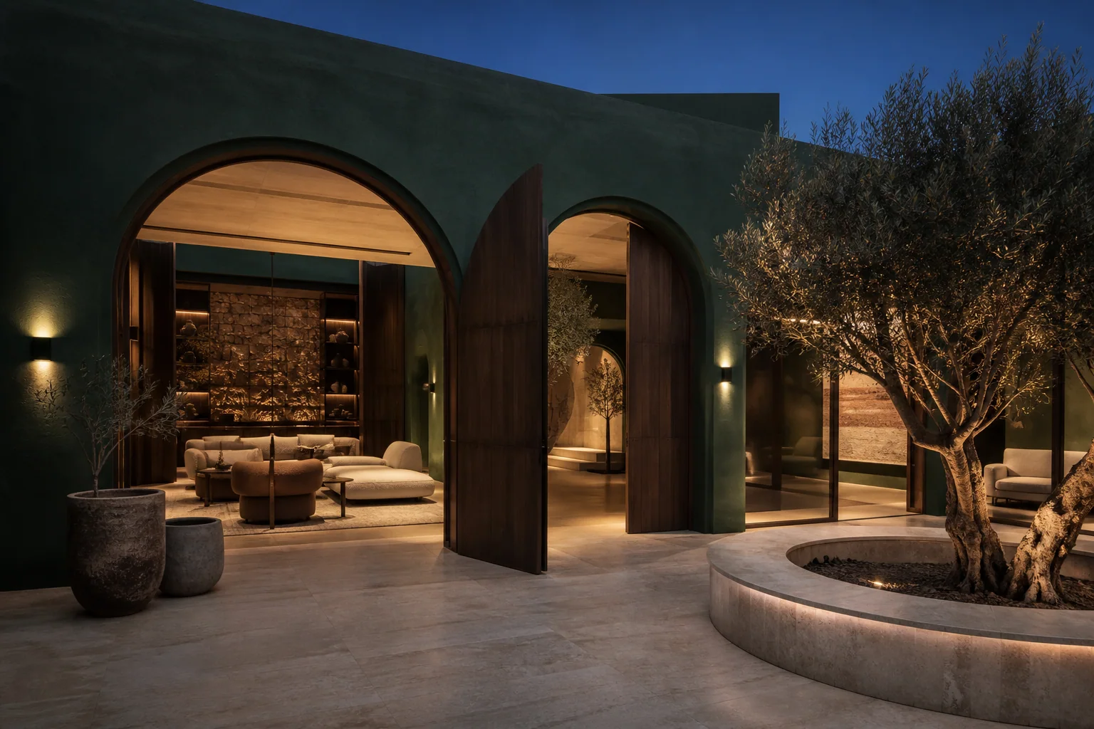 VELLUM's fictional Beirut courtyard showroom at blue hour