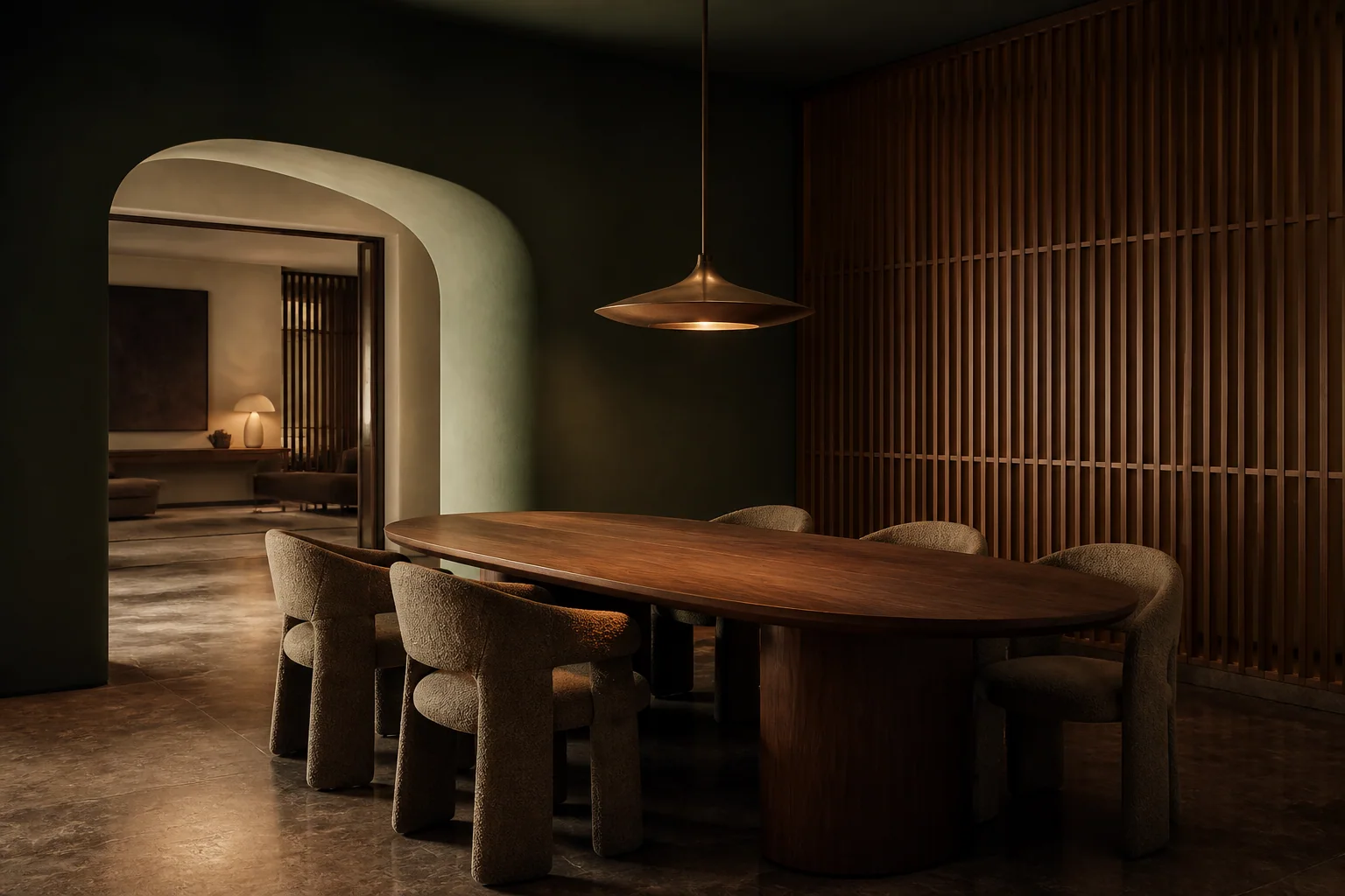 Walnut dining table and upholstered chairs in a dark green room