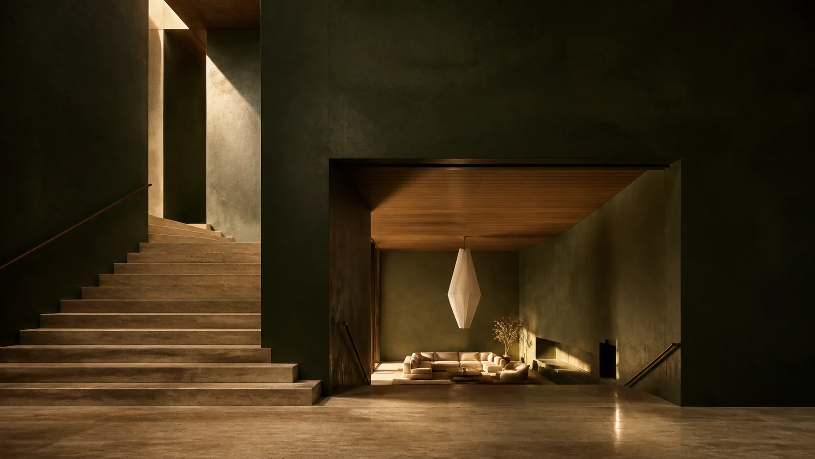 A monumental green interior with travertine stair and sunken conversation room