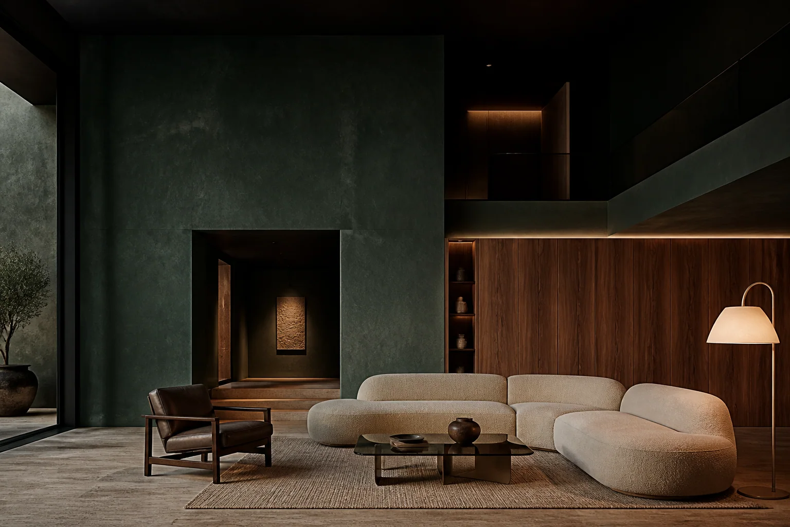 A moody VELLUM living room in forest green plaster, walnut and warm stone