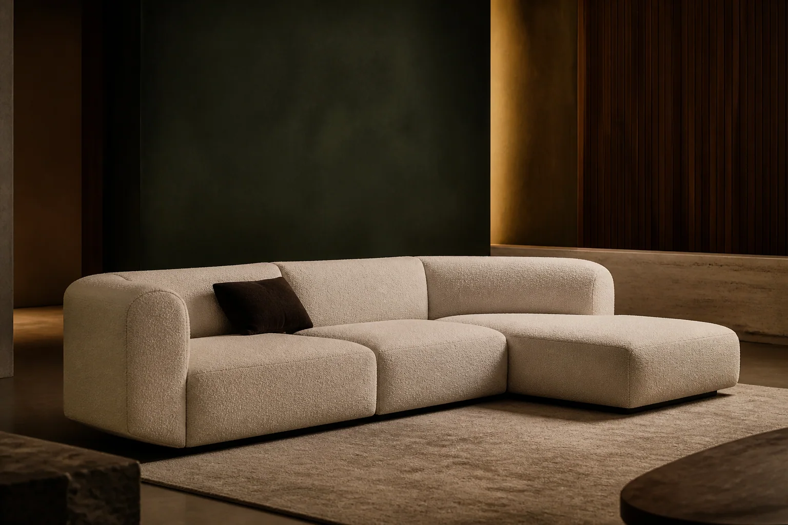 Mora modular sofa in warm ivory bouclé